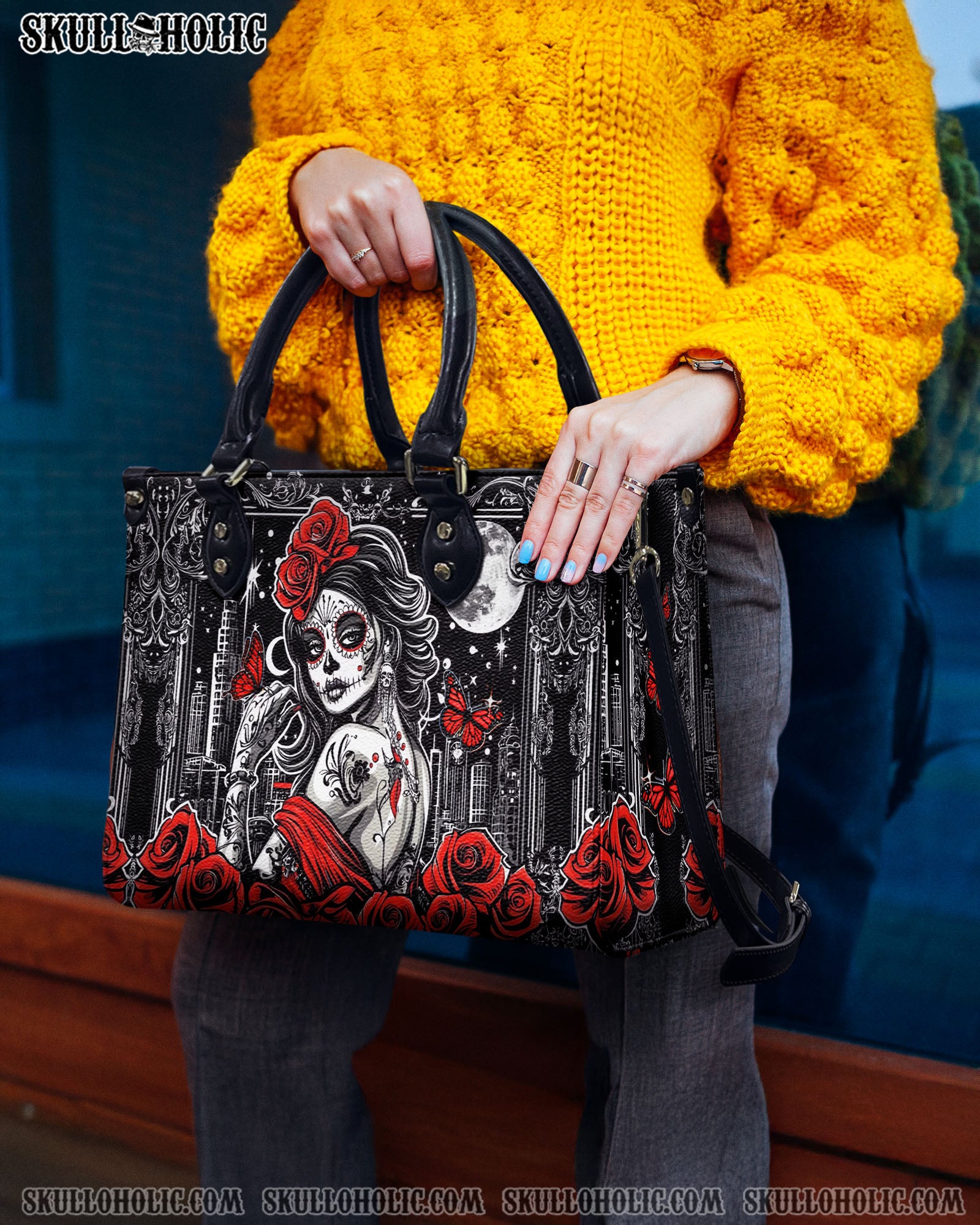 SKULL LADY RED ROSE LEATHER HANDBAG - YHDU0603254