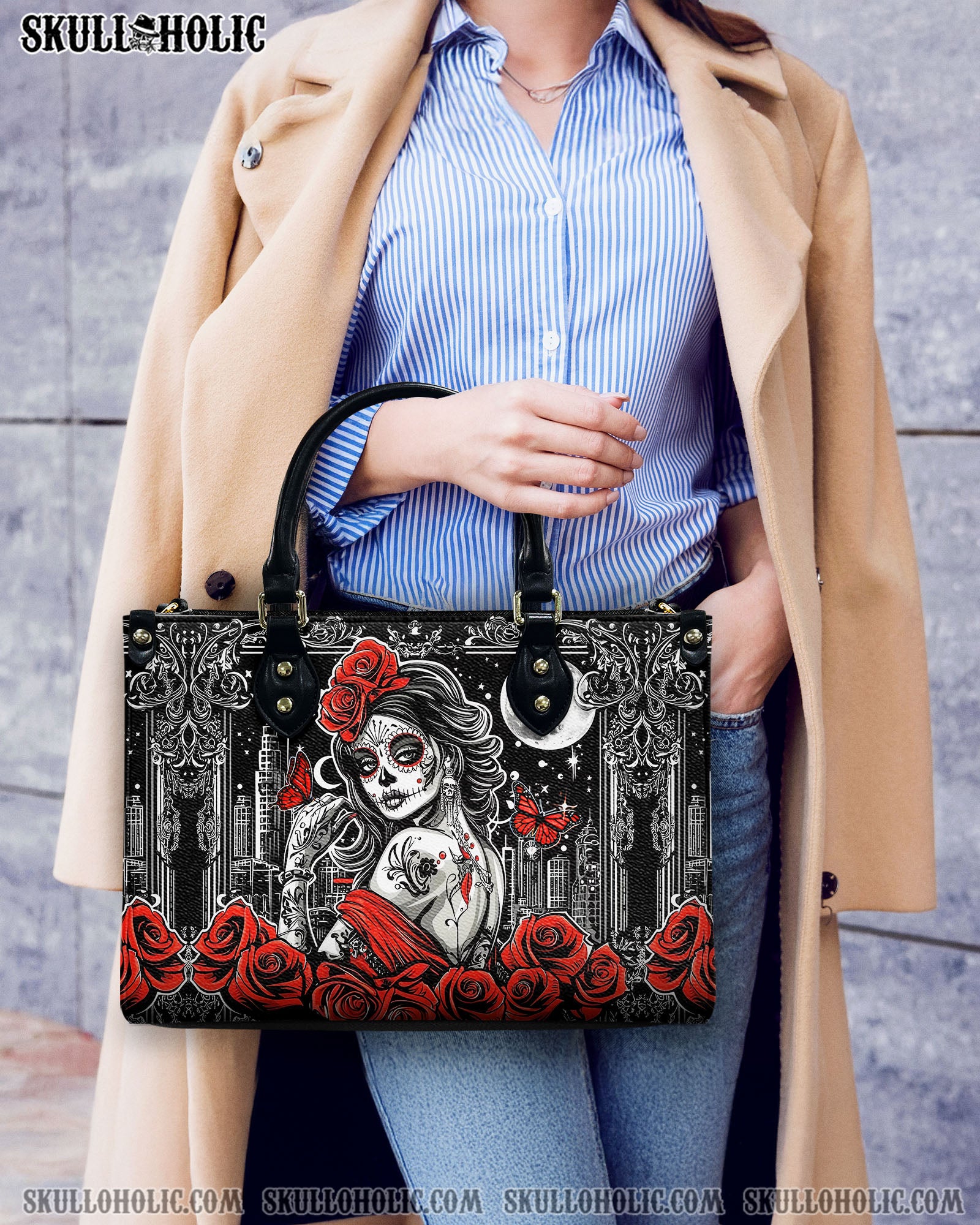 SKULL LADY RED ROSE LEATHER HANDBAG - YHDU0603254