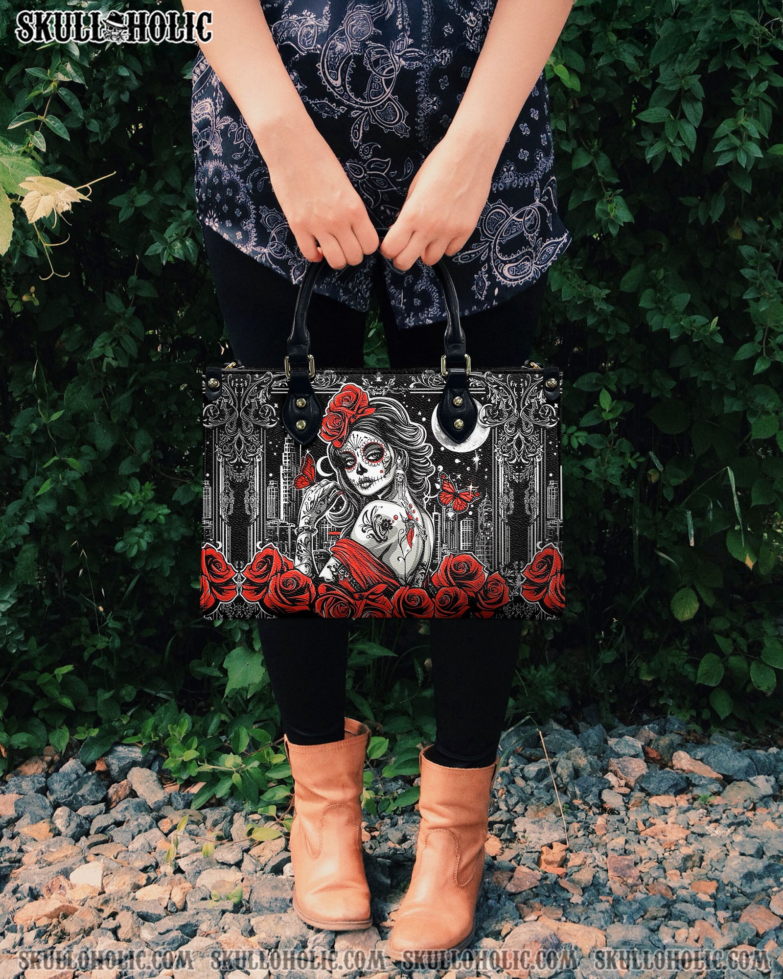 SKULL LADY RED ROSE LEATHER HANDBAG - YHDU0603254