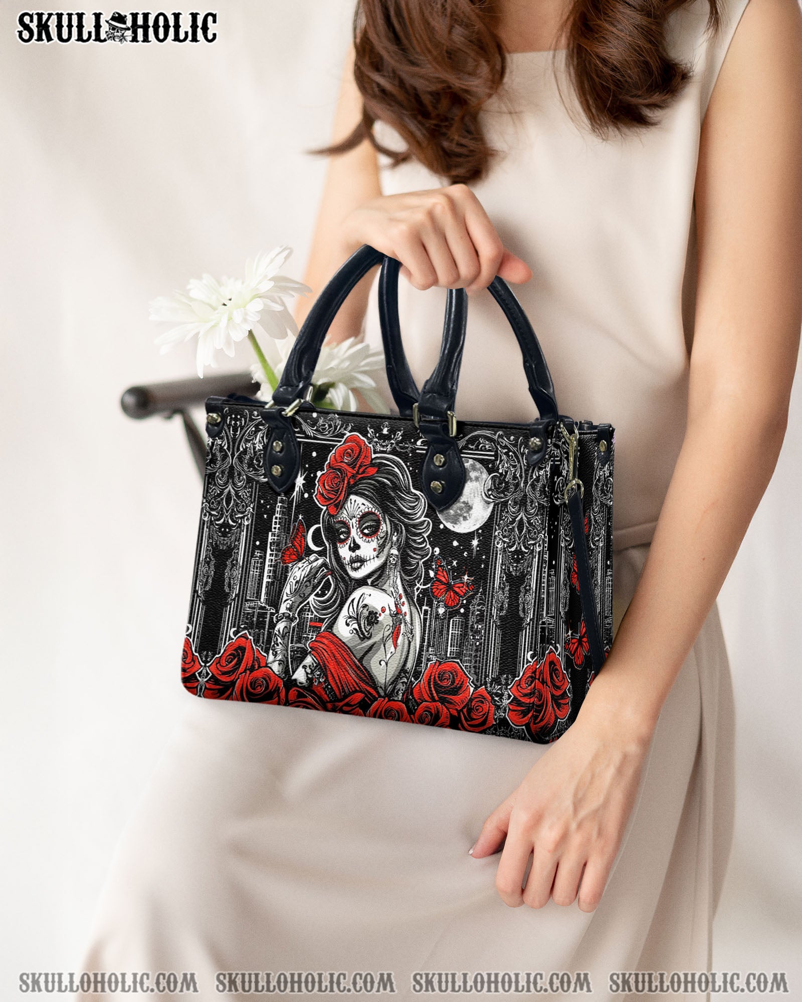 SKULL LADY RED ROSE LEATHER HANDBAG - YHDU0603254