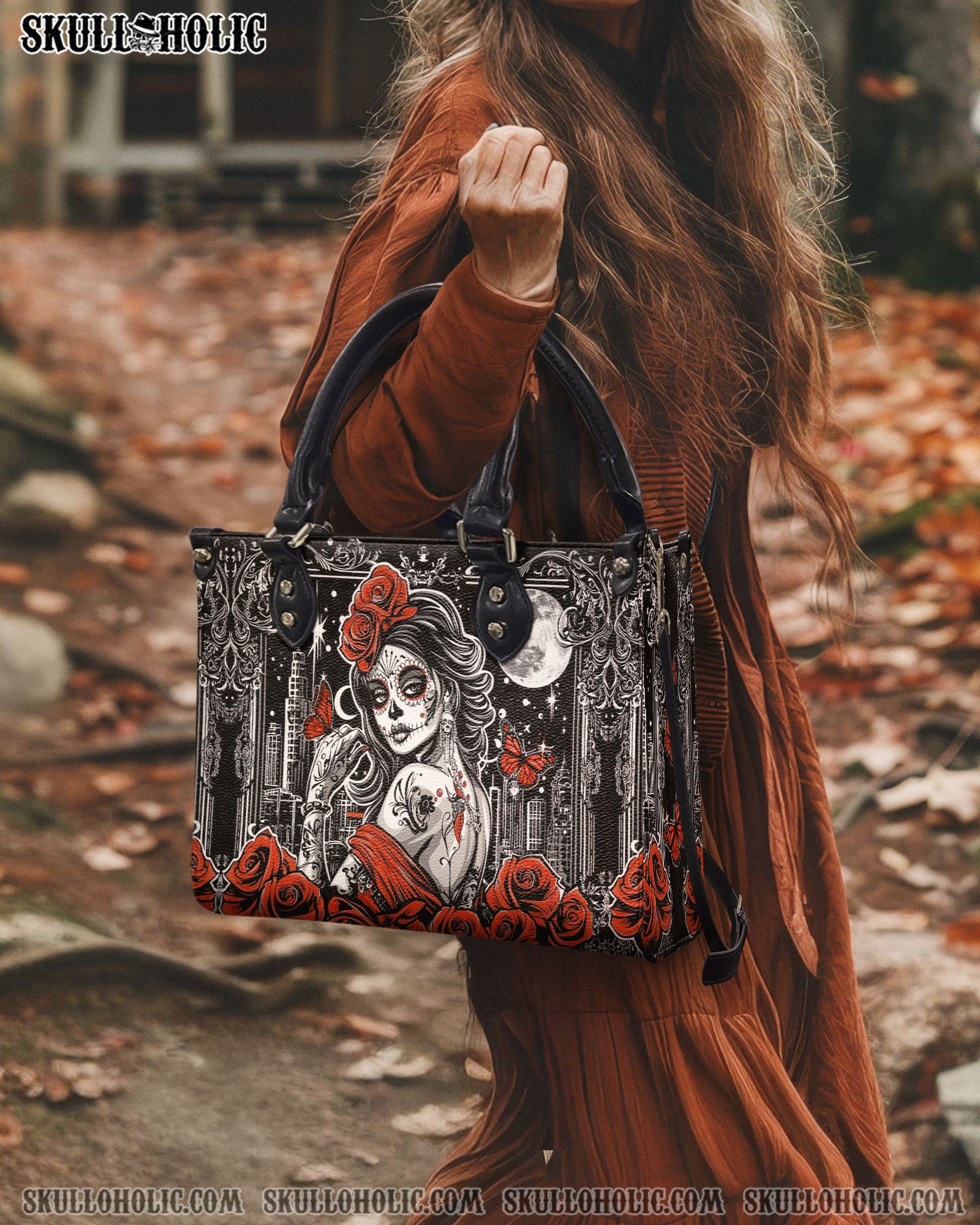 SKULL LADY RED ROSE LEATHER HANDBAG - YHDU0603254