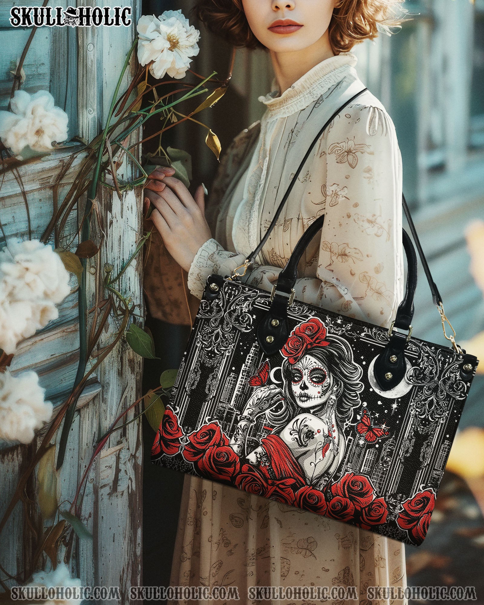 SKULL LADY RED ROSE LEATHER HANDBAG - YHDU0603254