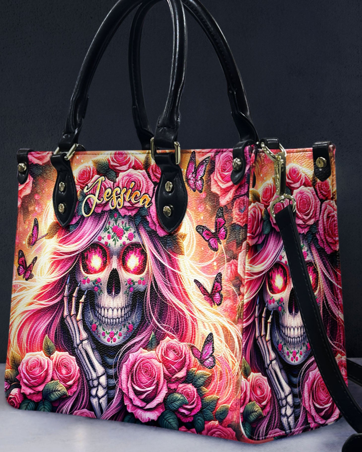 SKULL LADY WITH ROSE LEATHER HANDBAG - TLTR1306244