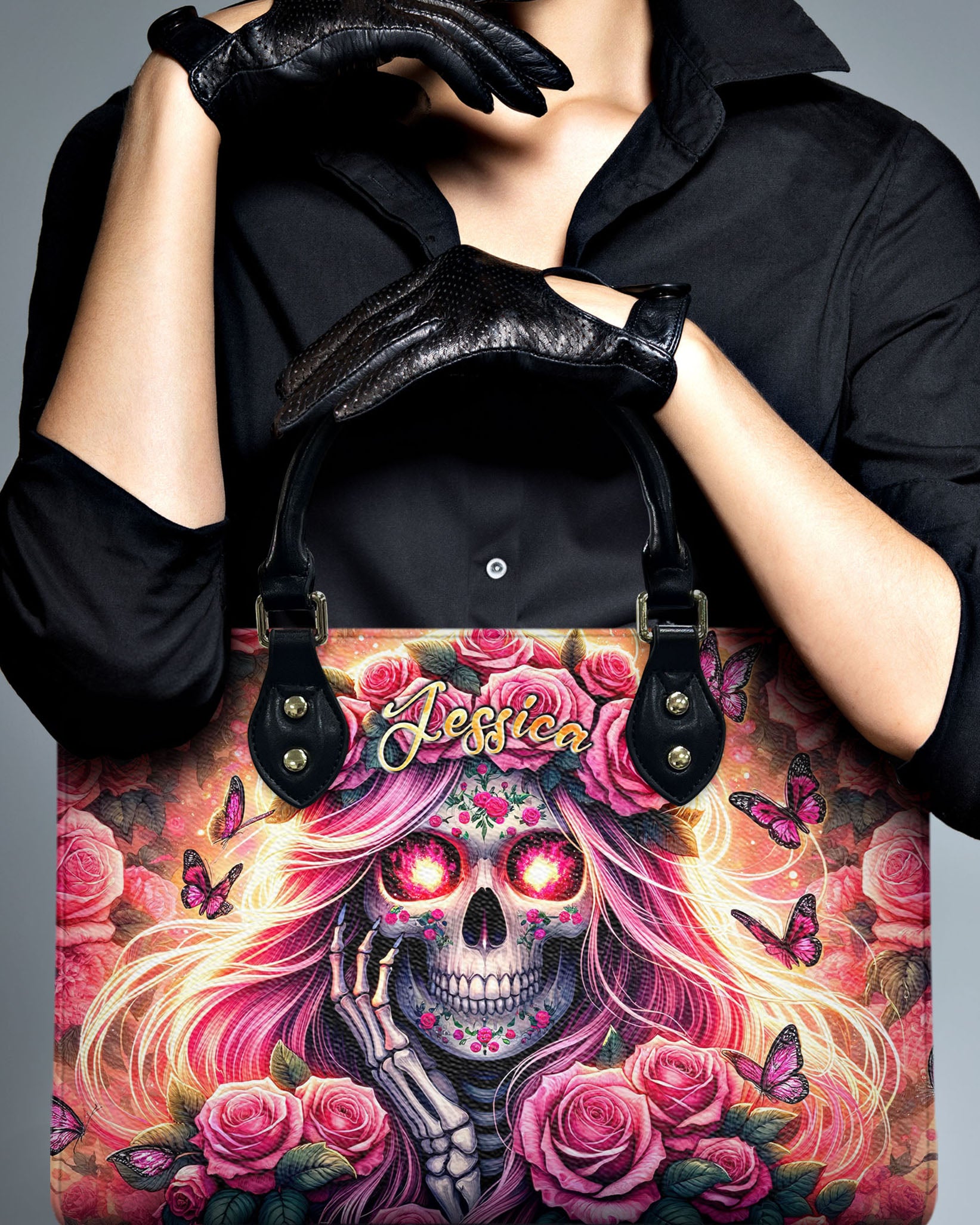 SKULL LADY WITH ROSE LEATHER HANDBAG - TLTR1306244