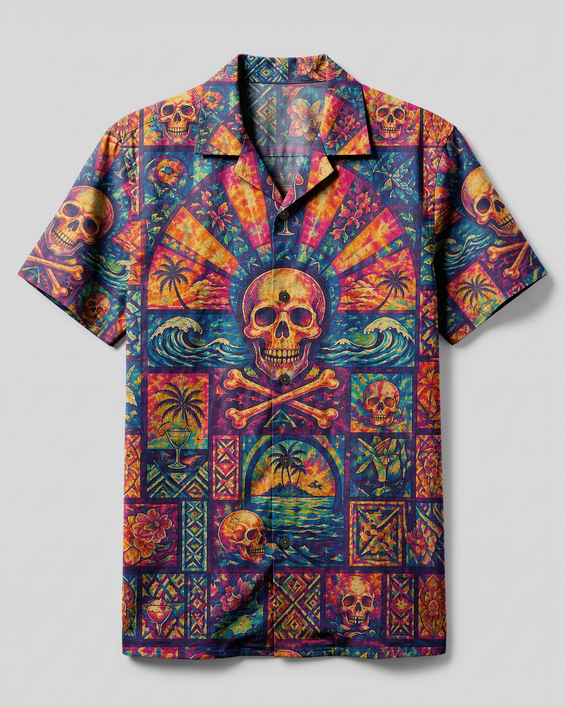 VIBRANT OCEAN SKULL PATCHWORK CAMP SHIRT - KMTM1108263