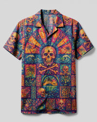 VIBRANT OCEAN SKULL PATCHWORK CAMP SHIRT - KMTM1108263