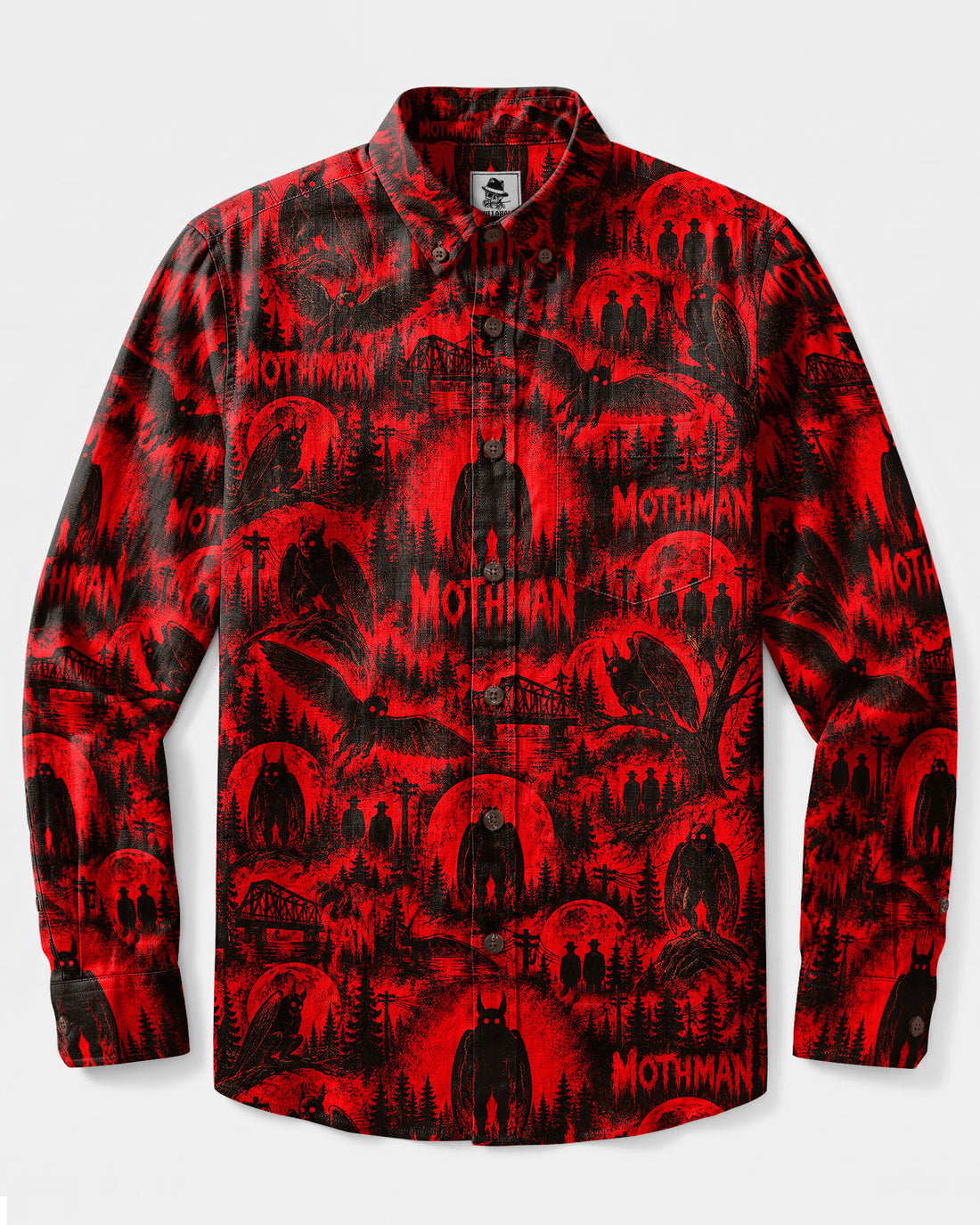 GRITTY MOTHMAN HORROR PATTERN LONG SLEEVE BUTTON-DOWN SHIRT - TLTW2609266