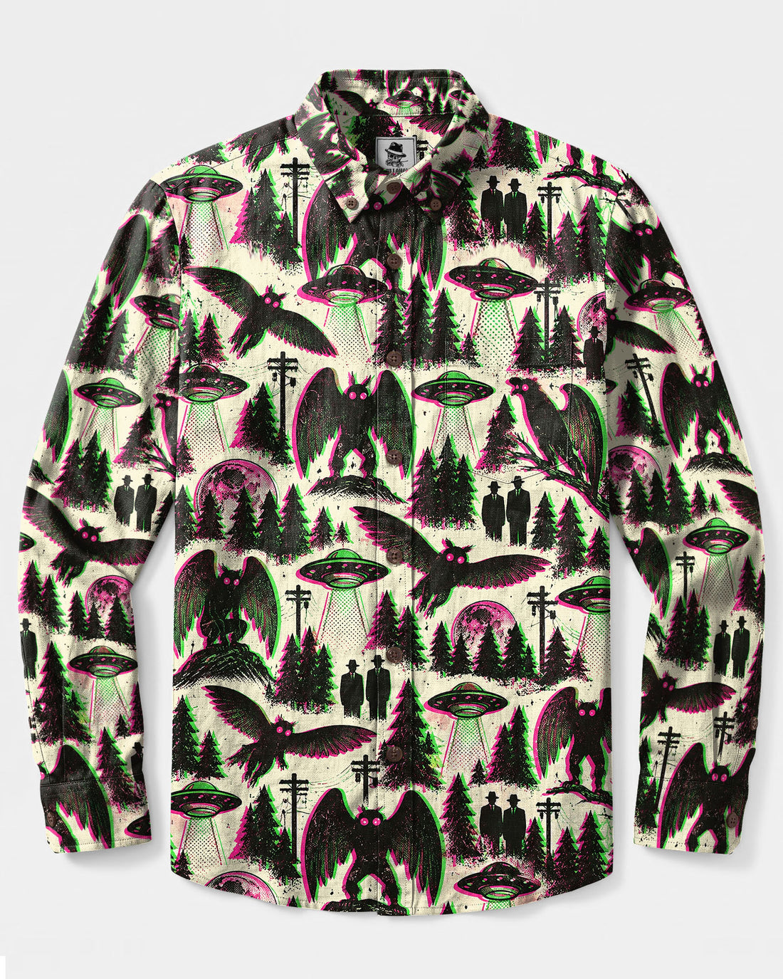 NEON MOTHMAN UFO PATTERN LONG SLEEVE BUTTON-DOWN SHIRT - TLTW3009266