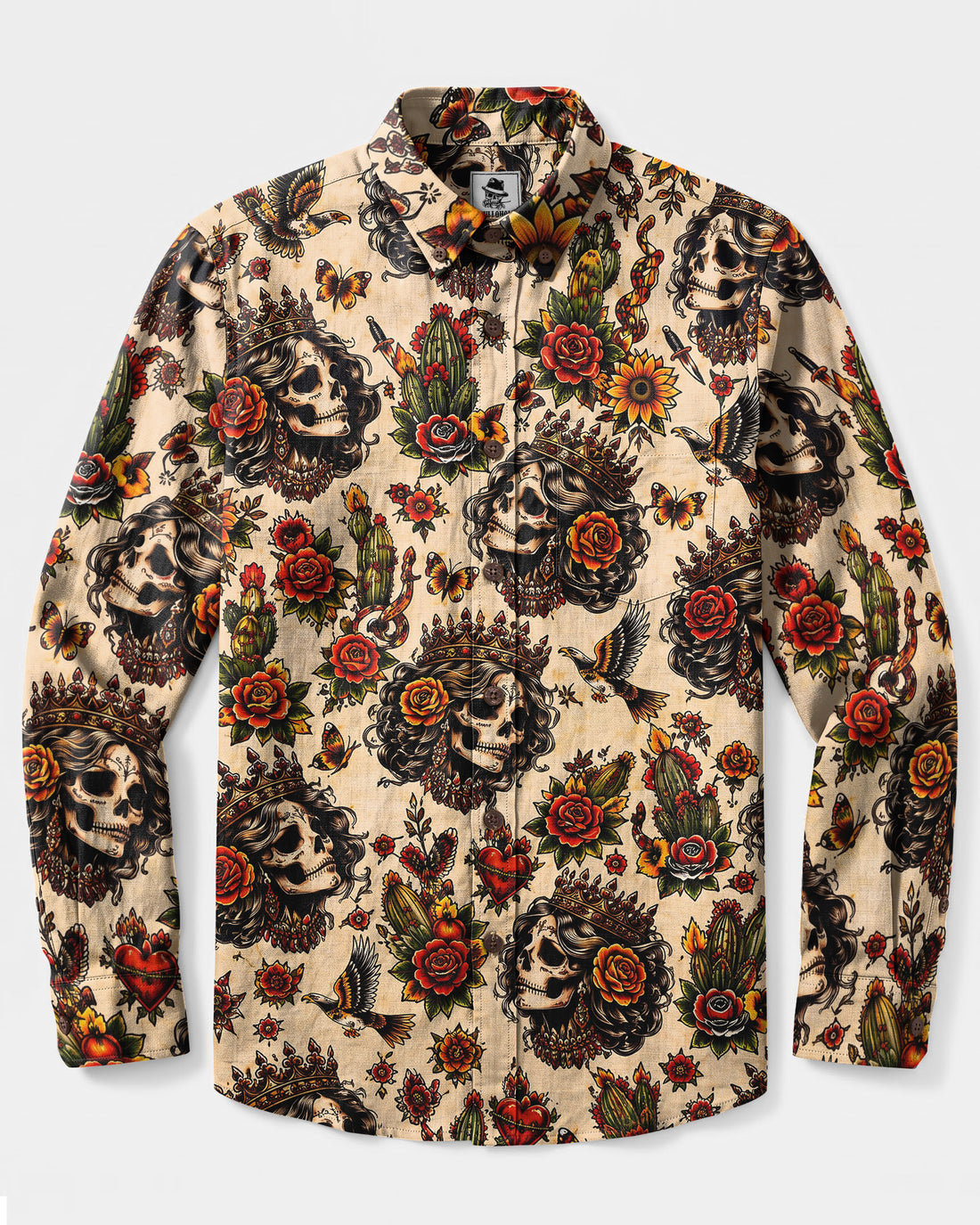 DAY OF THE DEAD QUEEN SKULL LONG SLEEVE BUTTON-DOWN SHIRT  - TLNO0409262