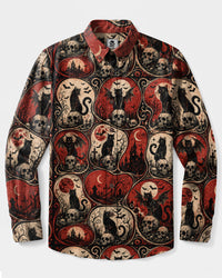 GOTHIC BATS CAT HALLOWEEN PATCHWORK LONG SLEEVE BUTTON-DOWN SHIRT  - TLNO0409265