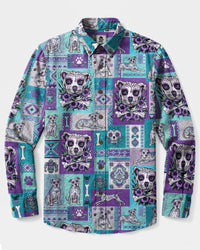 PITBULL DOG TRIBAL PATCHWORK LONG SLEEVE BUTTON-DOWN SHIRT  - TLNO0309263