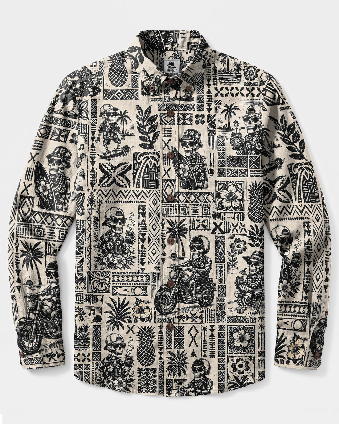VINTAGE TROPICAL SKULL TRIBAL PATCHWORK LONG SLEEVE BUTTON-DOWN SHIRT  - TLNO2208266