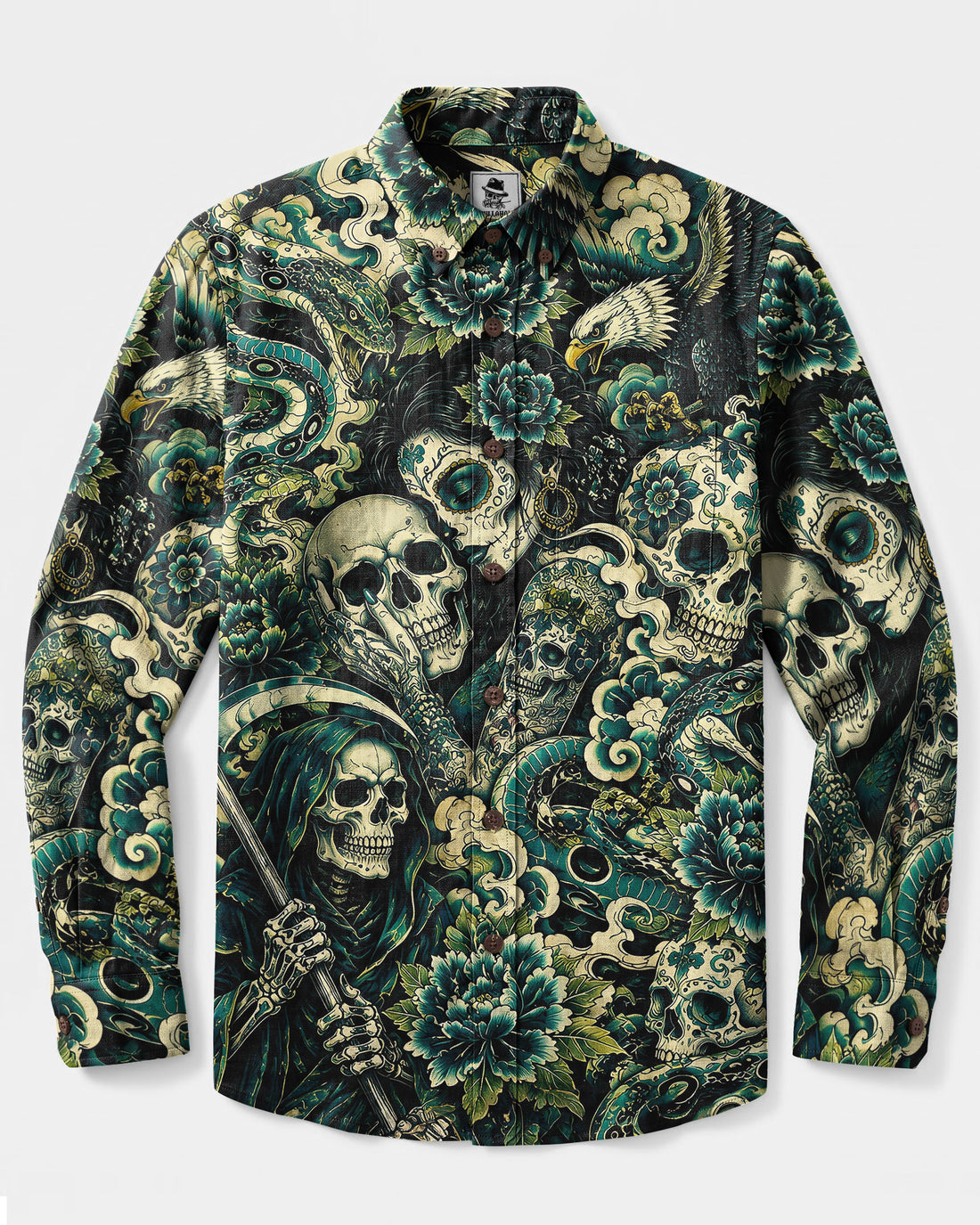 GOTHIC SKULL LADY LONG SLEEVE BUTTON-DOWN SHIRT  - TLNO2008263
