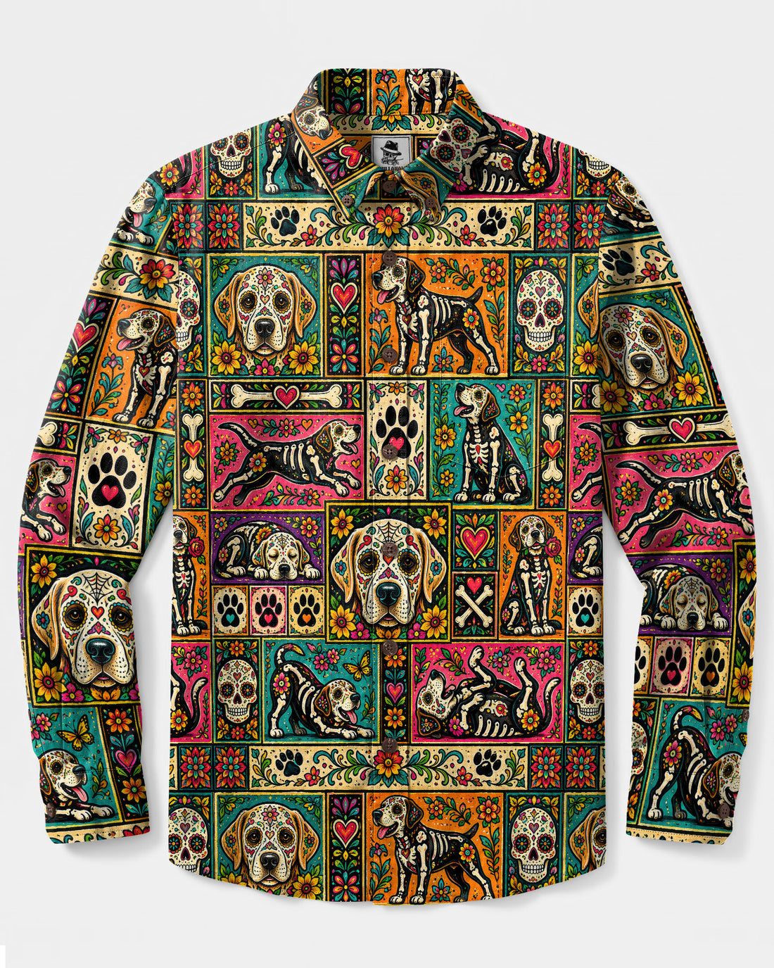 LABRADOR SUGAR SKULL DOG LONG SLEEVE BUTTON-DOWN SHIRT - TLNO1909265