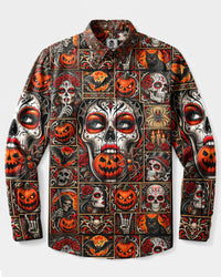 SUGAR SKULL DAY OF THE DEAD HALLOWEEN PATCHWORK LONG SLEEVE BUTTON-DOWN SHIRT  - TLNT0409266