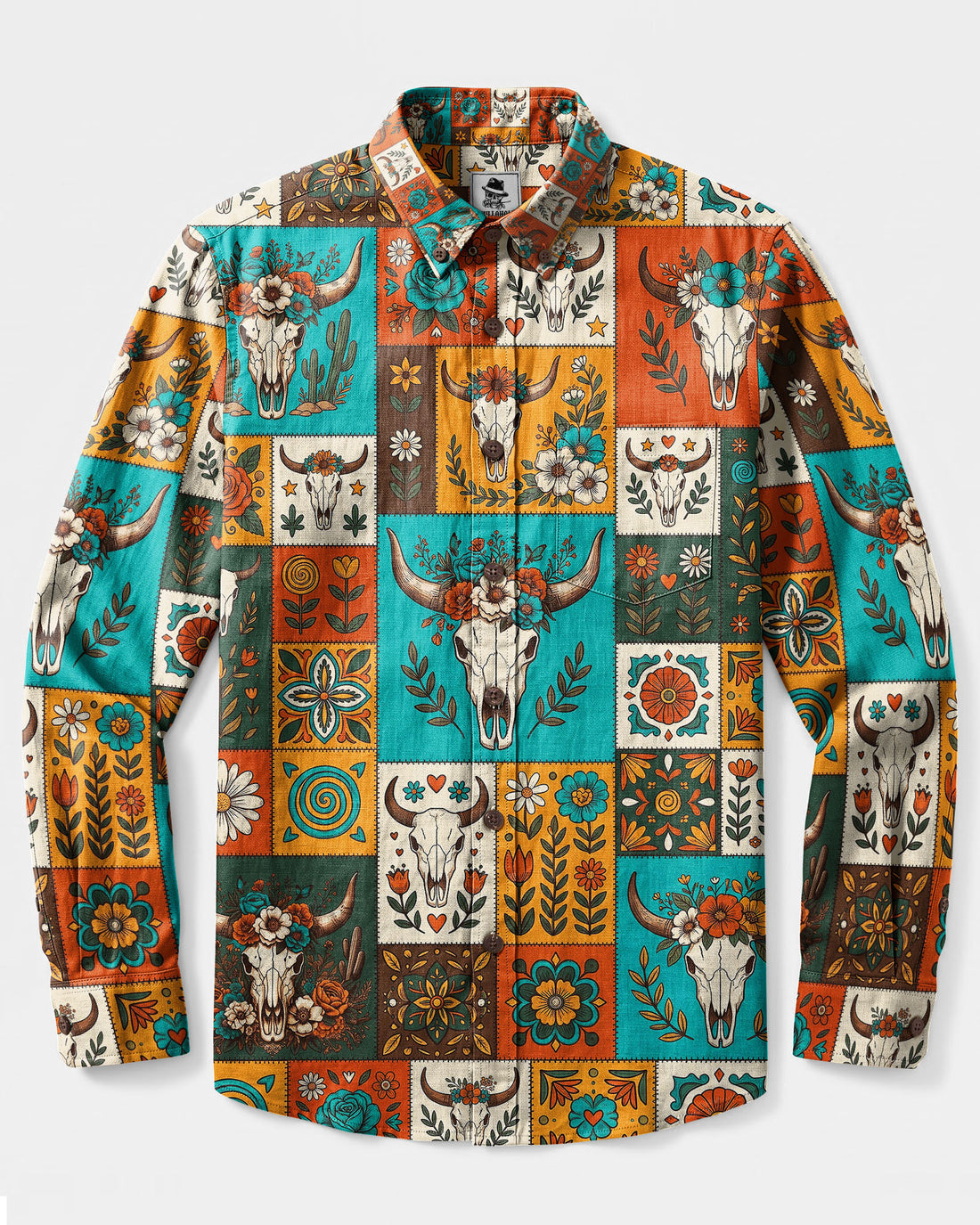 WESTERN FLORAL SKULL PATCHWORK LONG SLEEVE BUTTON-DOWN SHIRT - TYLN2908263