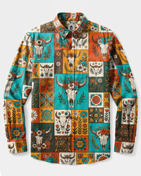 WESTERN FLORAL SKULL PATCHWORK LONG SLEEVE BUTTON-DOWN SHIRT - TYLN2908263