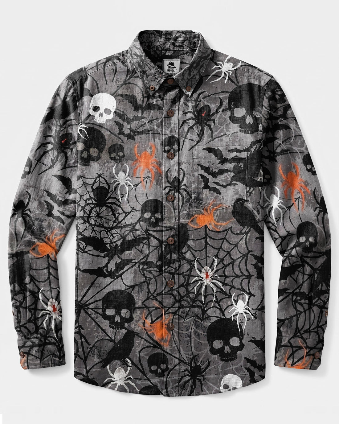WICKED SPIDERWEB HALLOWEEN RAVEN AND SKULL PATTERN LONG SLEEVE BUTTON-DOWN SHIRT - TYLN2608269