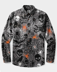WICKED SPIDERWEB HALLOWEEN RAVEN AND SKULL PATTERN LONG SLEEVE BUTTON-DOWN SHIRT - TYLN2608269