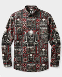HIGHWAY TRIBAL SKULL TRUCKER PATCHWORK LONG SLEEVE BUTTON-DOWN SHIRT  - TLNT2608264