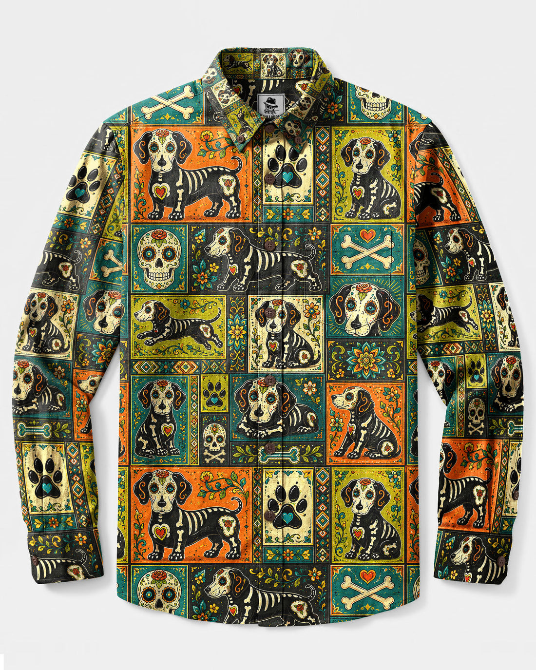 SUGAR SKULL DACHSHUND DOG PATCHWORK LONG SLEEVE BUTTON-DOWN SHIRT  - TLHG0409263