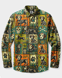 SUGAR SKULL DACHSHUND DOG PATCHWORK LONG SLEEVE BUTTON-DOWN SHIRT  - TLHG0409263