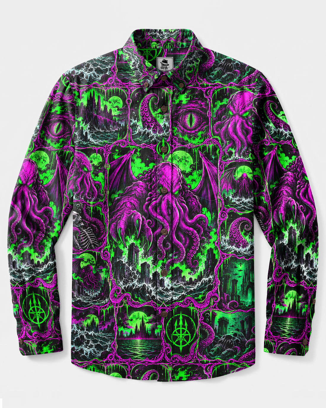 NEON CTHULHU ELDRITCH COMIC LONG SLEEVE BUTTON-DOWN SHIRT - TLHG1709264