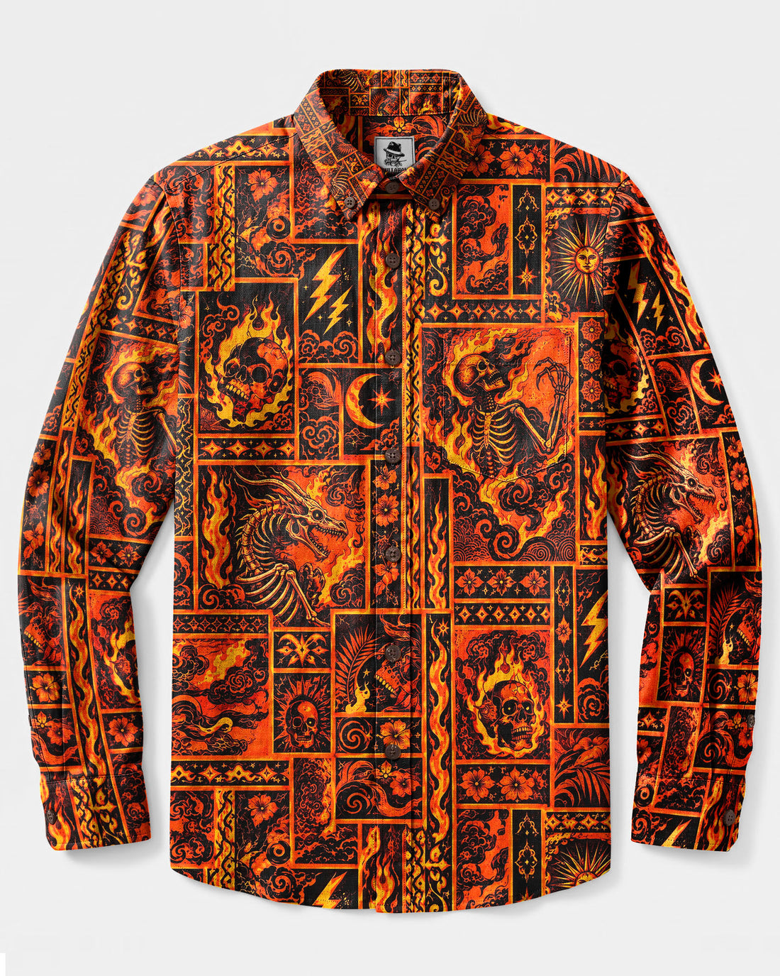 HELLFIRE SKELETON GOTHIC PATCHWORK LONG SLEEVE BUTTON-DOWN SHIRT - YHHG2309262