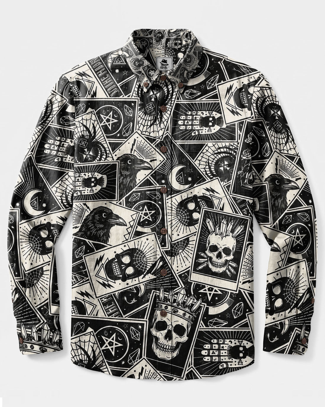 MYSTIC RAVEN AND SKULL TAROT PATCHWORK LONG SLEEVE BUTTON-DOWN SHIRT - TYLN2608265