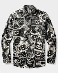 MYSTIC RAVEN AND SKULL TAROT PATCHWORK LONG SLEEVE BUTTON-DOWN SHIRT - TYLN2608265