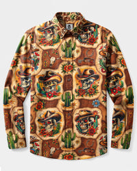COWBOY SKULL WESTERN PATCHWORK LONG SLEEVE BUTTON-DOWN SHIRT  - TLNT04092612