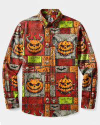 TRIBAL DEMON PUMPKIN HALLOWEEN MOSAIC LONG SLEEVE BUTTON-DOWN SHIRT  - TLHG2908264