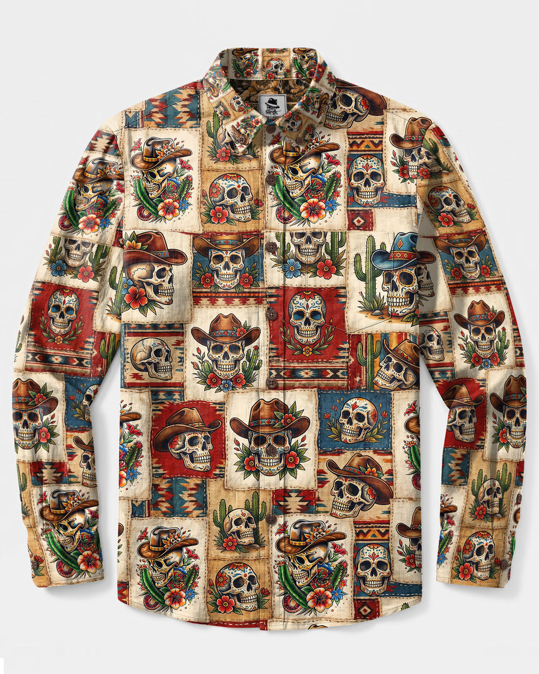 WESTERN SKULL PATCHWORK LONG SLEEVE BUTTON-DOWN SHIRT  - TLTW0309263