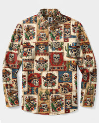 WESTERN SKULL PATCHWORK LONG SLEEVE BUTTON-DOWN SHIRT  - TLTW0309263