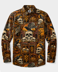 SKULL RAVEN HALLOWEEN PATCHWORK LONG SLEEVE BUTTON-DOWN SHIRT  - TLTW0709263