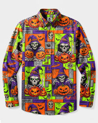 SKULL WITCHY HALLOWEEN PATCHWORK LONG SLEEVE BUTTON-DOWN SHIRT  - TLNT03092615