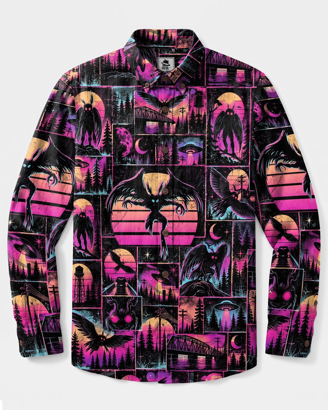 NEON MOTHMAN SYNTHWAVE PATCHWORK LONG SLEEVE BUTTON-DOWN SHIRT - TLNO2609261