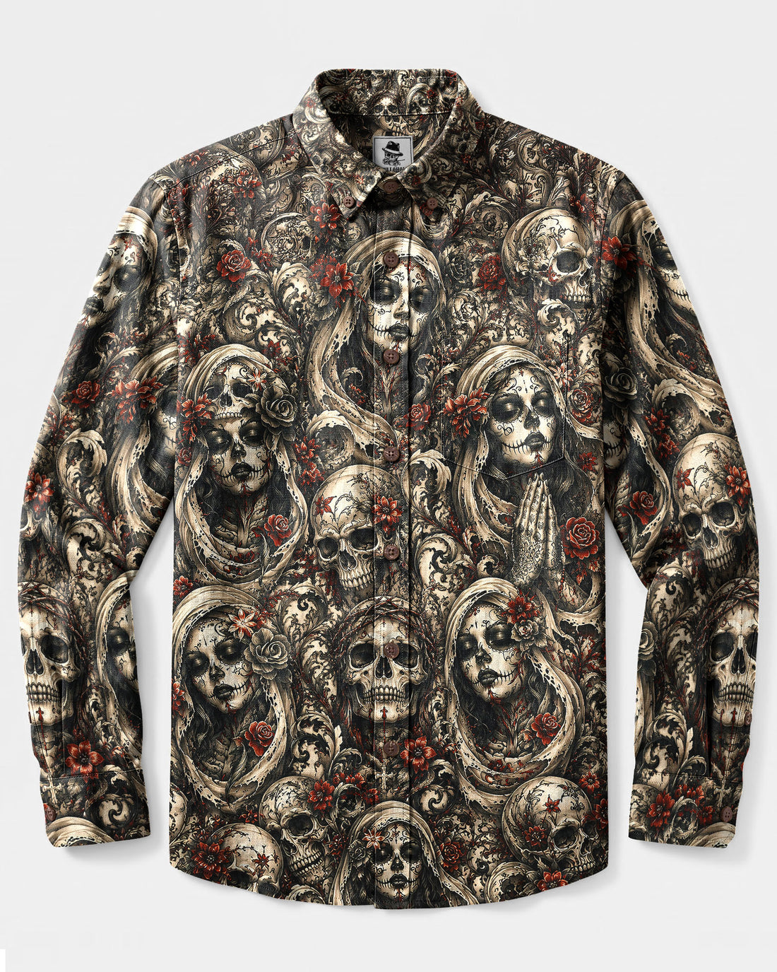 SUGAR SKULL DAY OF THE DEAD GOTHIC LONG SLEEVE BUTTON-DOWN SHIRT  - TLNT0409269