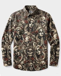 SUGAR SKULL DAY OF THE DEAD GOTHIC LONG SLEEVE BUTTON-DOWN SHIRT  - TLNT0409269