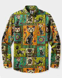 DIA DE LOS MUERTOS BLACK CAT MOSAIC LONG SLEEVE  BUTTON-DOWN SHIRT - TLHG1809268