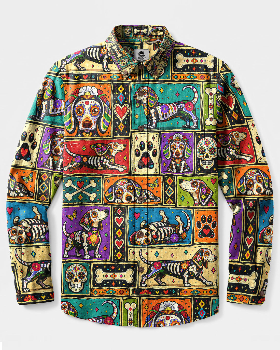 CALAVERA DACHSHUND DOG PATCHWORK LONG SLEEVE BUTTON-DOWN SHIRT - TLNT2309265