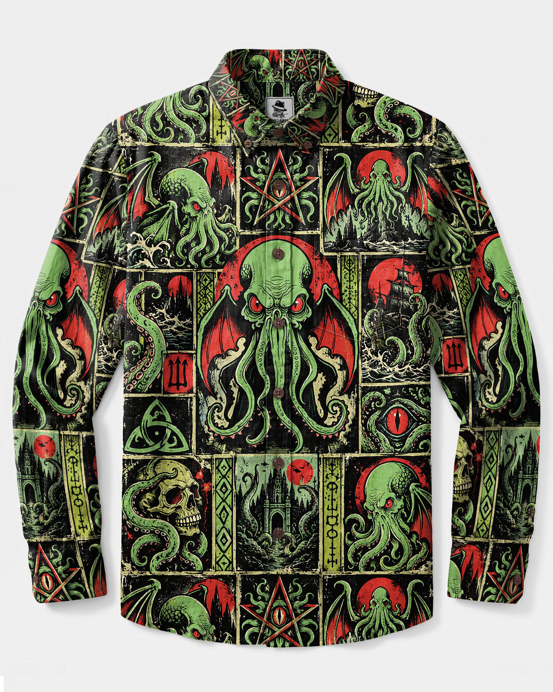 CTHULHU DARK PROPHECY PATCHWORK LONG SLEEVE BUTTON-DOWN SHIRT - TLTW2609263