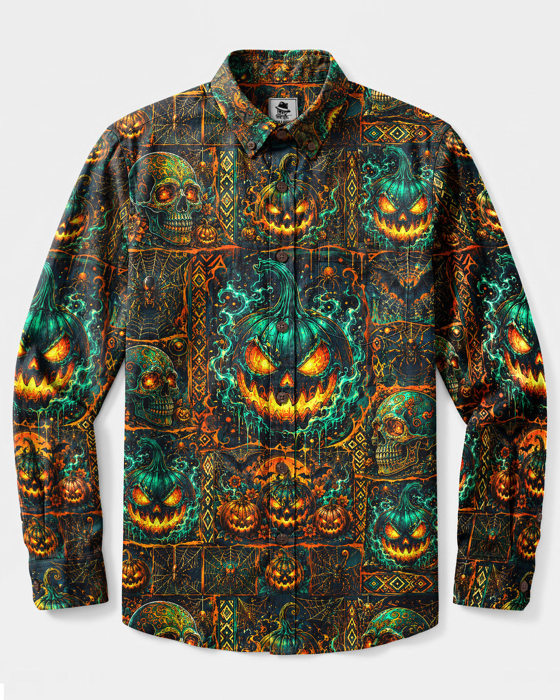SKULL PUMPKIN HALLOWEEN PATCHWORK LONG SLEEVE BUTTON-DOWN SHIRT  - TLHG03092610