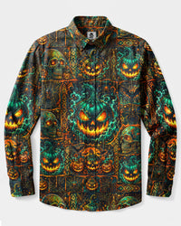 SKULL PUMPKIN HALLOWEEN PATCHWORK LONG SLEEVE BUTTON-DOWN SHIRT  - TLHG03092610