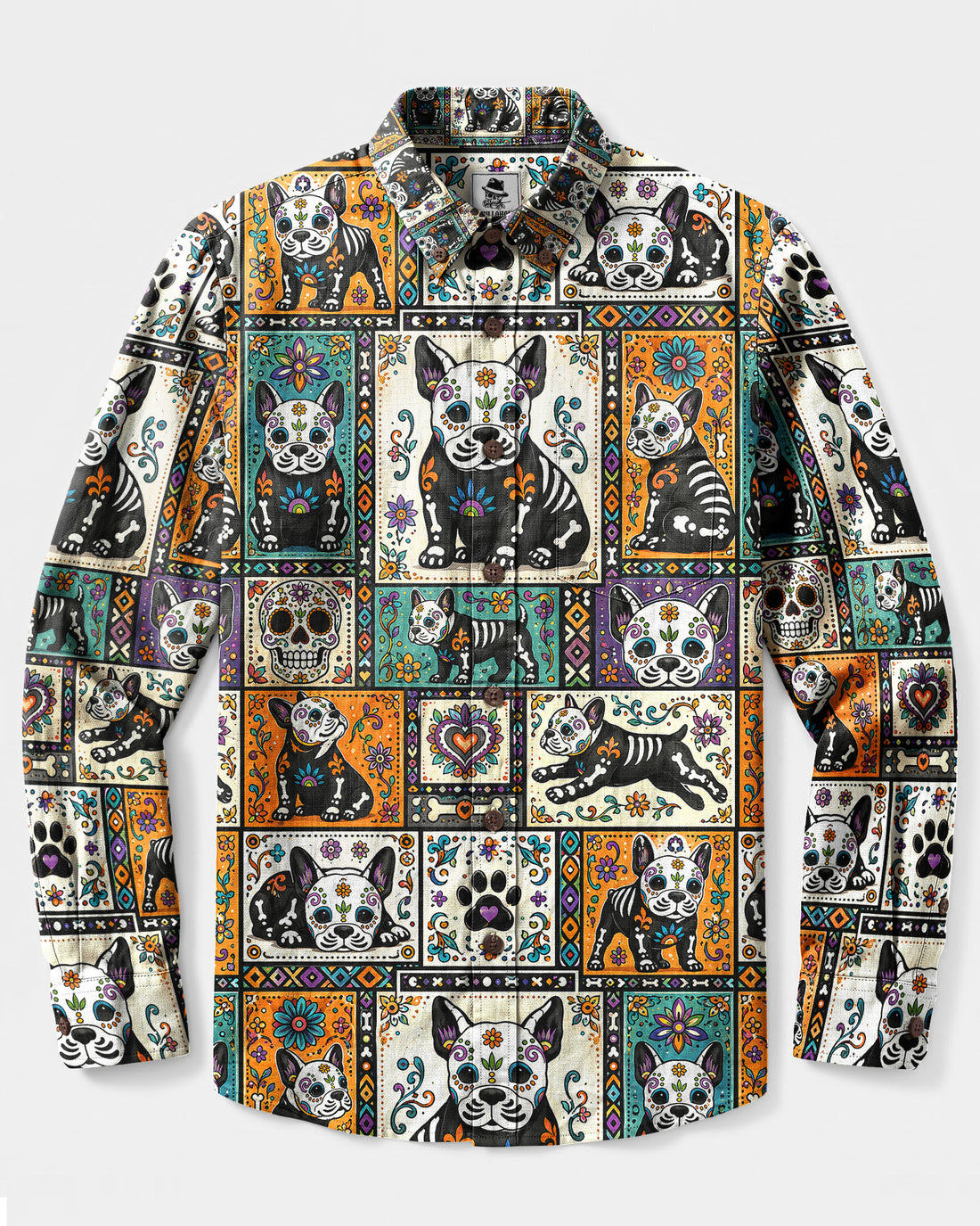 SUGAR SKULL FRENCH BULLDOG PATCHWORK LONG SLEEVE BUTTON-DOWN SHIRT  - TLHG0309267