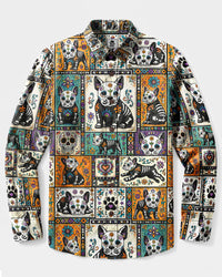 SUGAR SKULL FRENCH BULLDOG PATCHWORK LONG SLEEVE BUTTON-DOWN SHIRT  - TLHG0309267