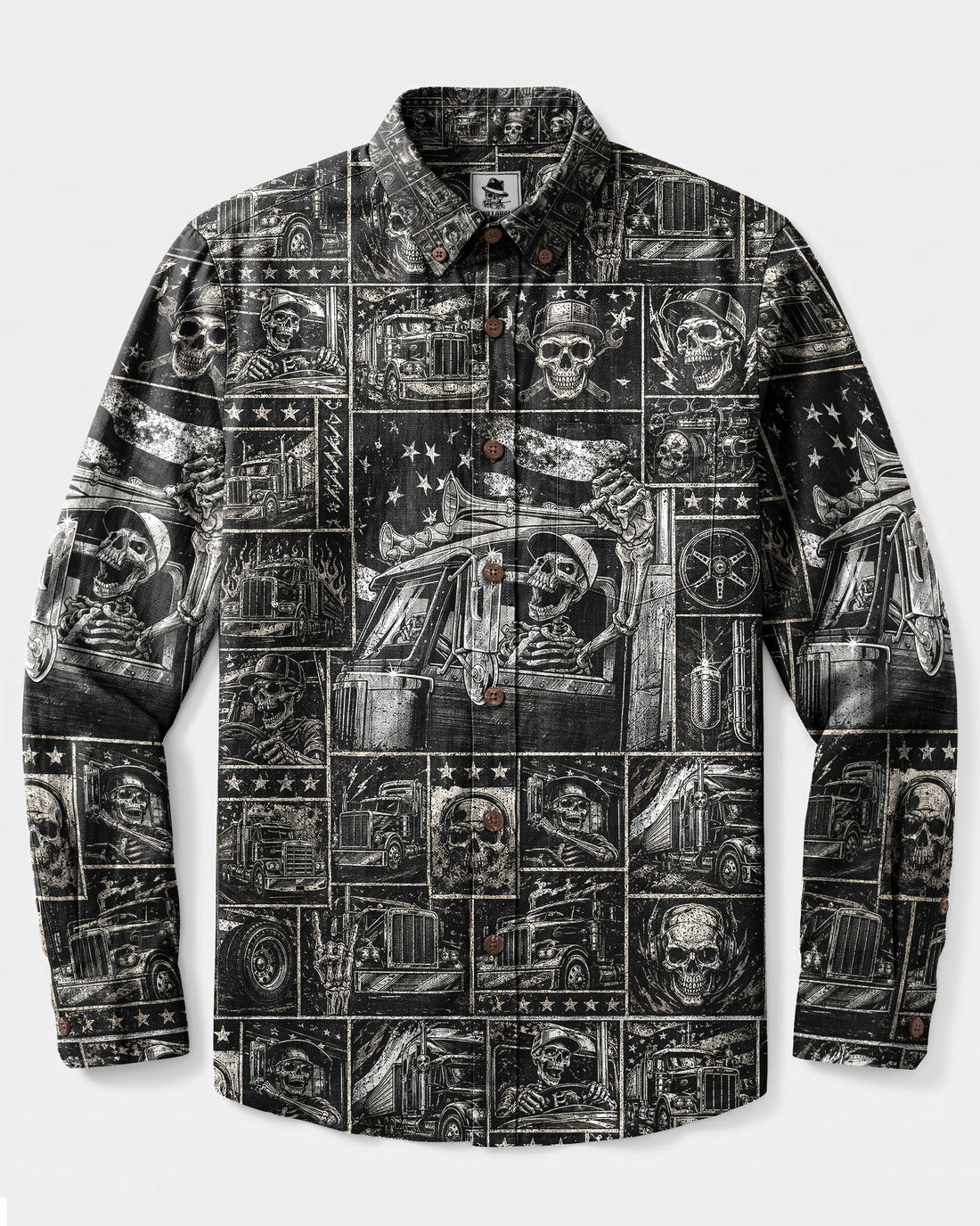 TRUCKER SKELETON PATCHWORK LONG SLEEVE BUTTON-DOWN SHIRT  - TLNT2508269