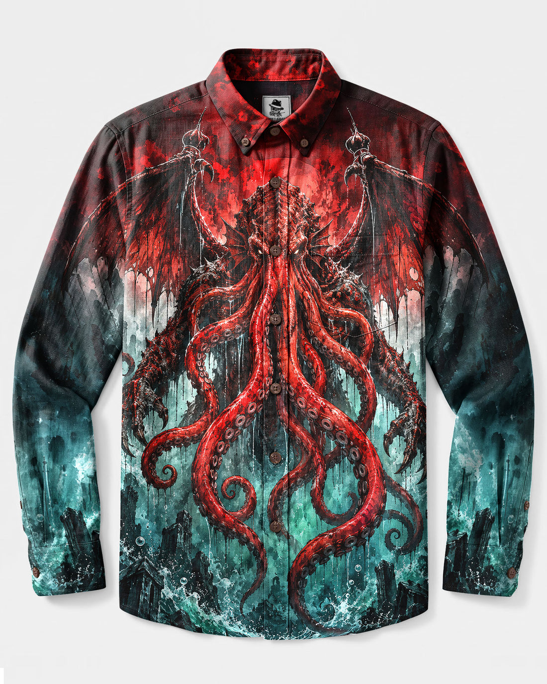 CRIMSON CTHULHU RISING LONG SLEEVE BUTTON-DOWN SHIRT - TLNT18092610