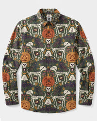 GOTHIC OLIVE SKELETON DOG AND RAVEN HALLOWEEN LONG SLEEVE BUTTON-DOWN SHIRT - TYLN0409266