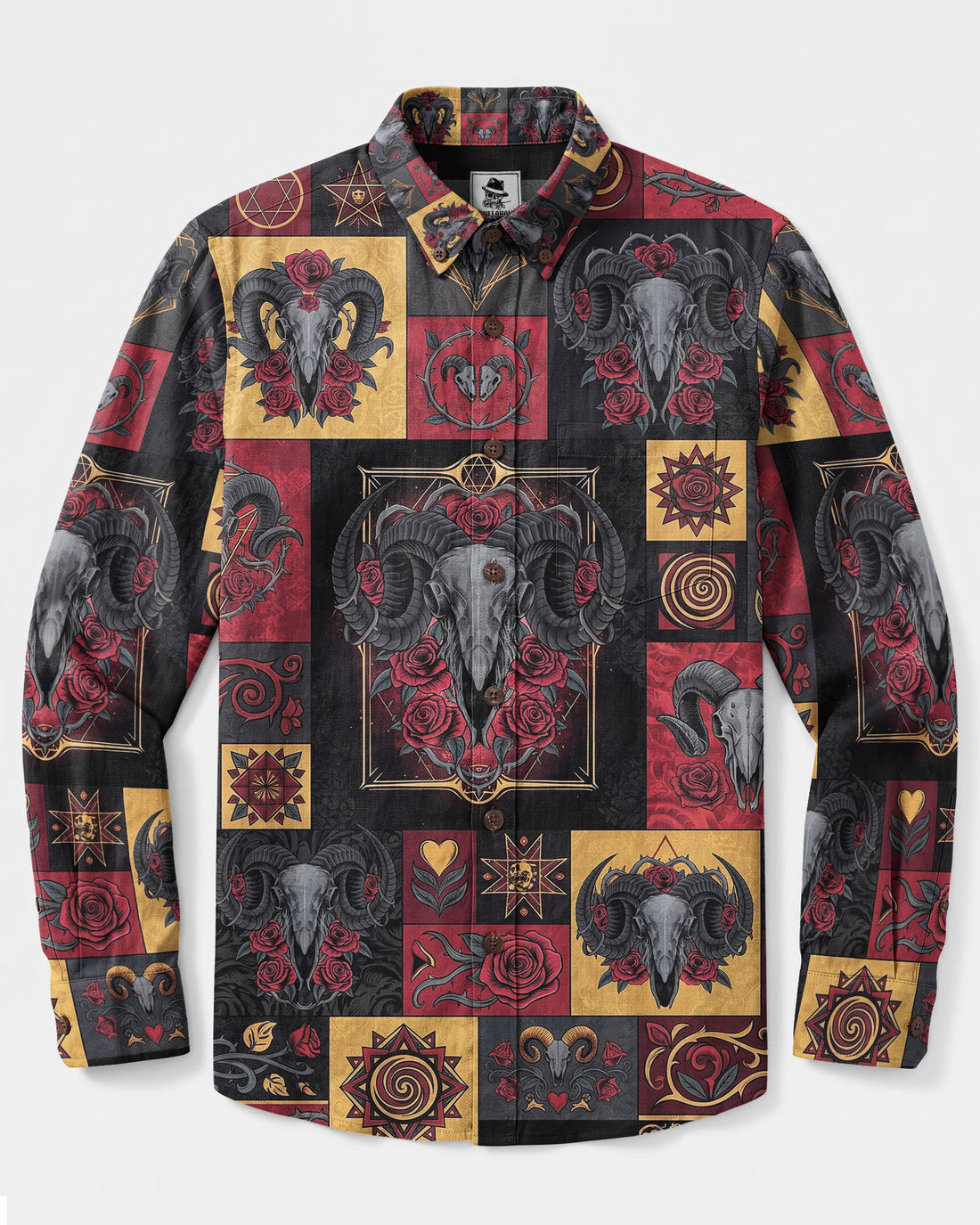 GOTHIC SKULL AND ROSE PATCHWORK LONG SLEEVE BUTTON-DOWN SHIRT - TYLN0409263